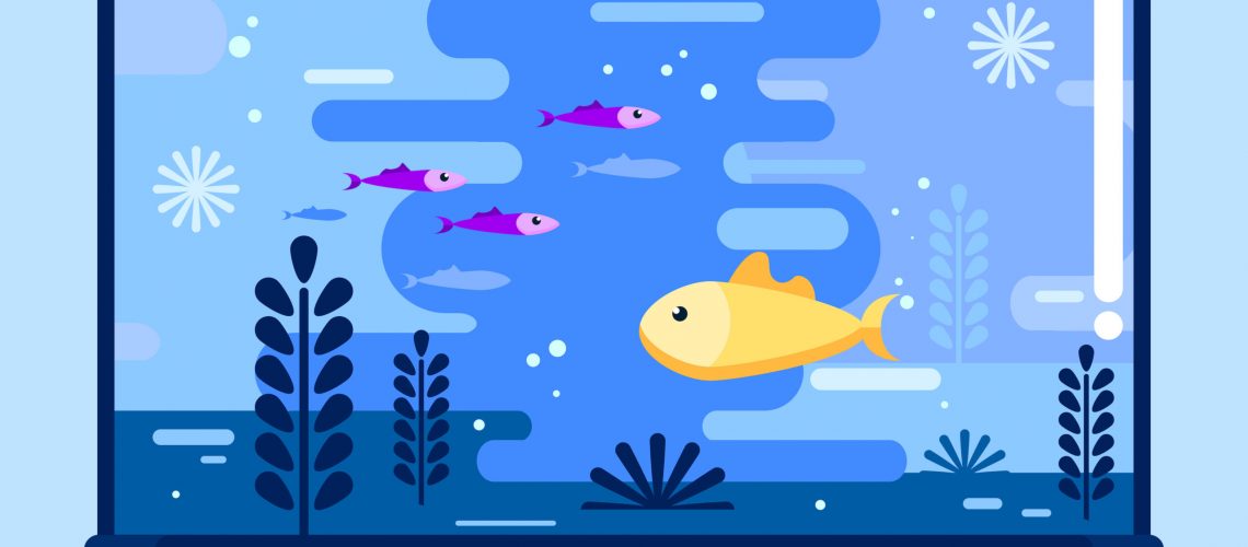 Fish bowl with deferent fishes in flat style. Glass aquarium. Vector illustration design.